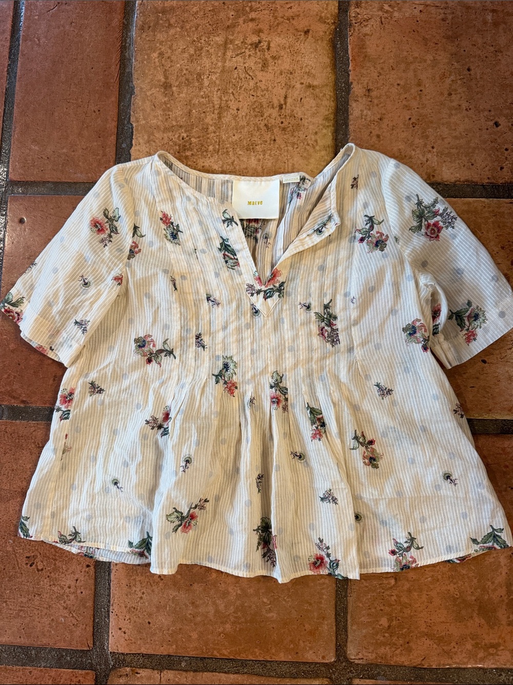 Maeve Cream Floral Peasant Top with Pink & Green Accents